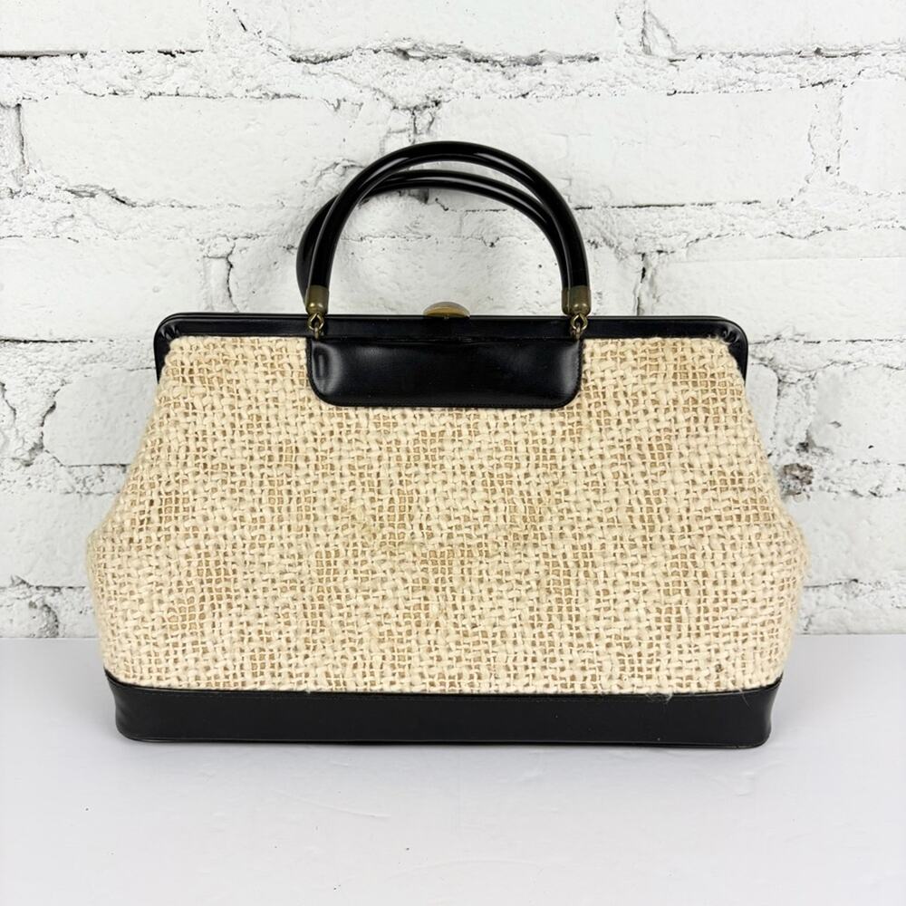 VTG Cream Tweed Black Top Handle Feld Zipper Kisslock Satchel Purse Bag